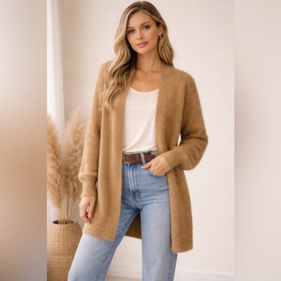 Cyrus Fuzzy Open Front Cardigan Camel Brown Cozy GrandmaCore Size M - Picture 8 of 8